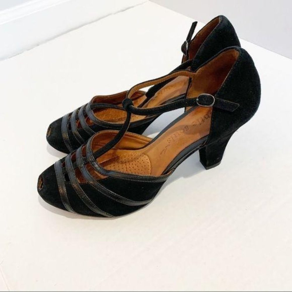 gentle souls Black Suede T-Strap Heels